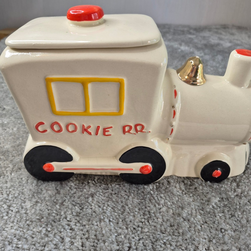 Vintage Ceramic Train Locomotive Cookie Jar Cookie R.R. Steam Engine Cream Red